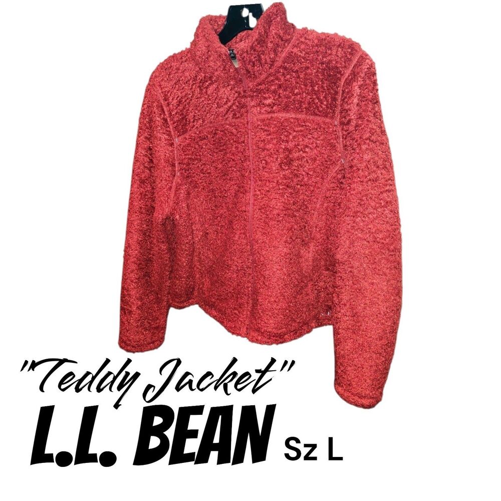 LL Bean Sz L Red Polartec Hi-Pile Fleece Zip Logo Outdoor Camping Teddy Jacket